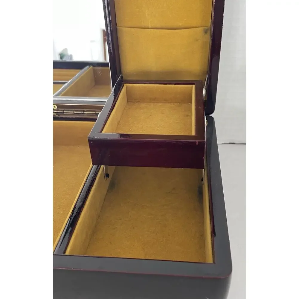 VTG Kimco Japan Wooden Jewelry Box Floral Inlay Gold Velvet Lining Mirror